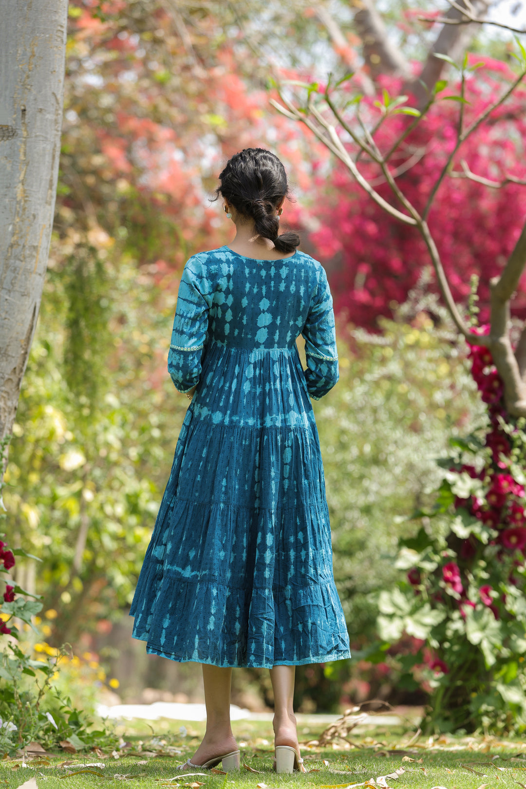 Blue Pure Cotton Hand Tie & Dye Desginer Tiered Dress