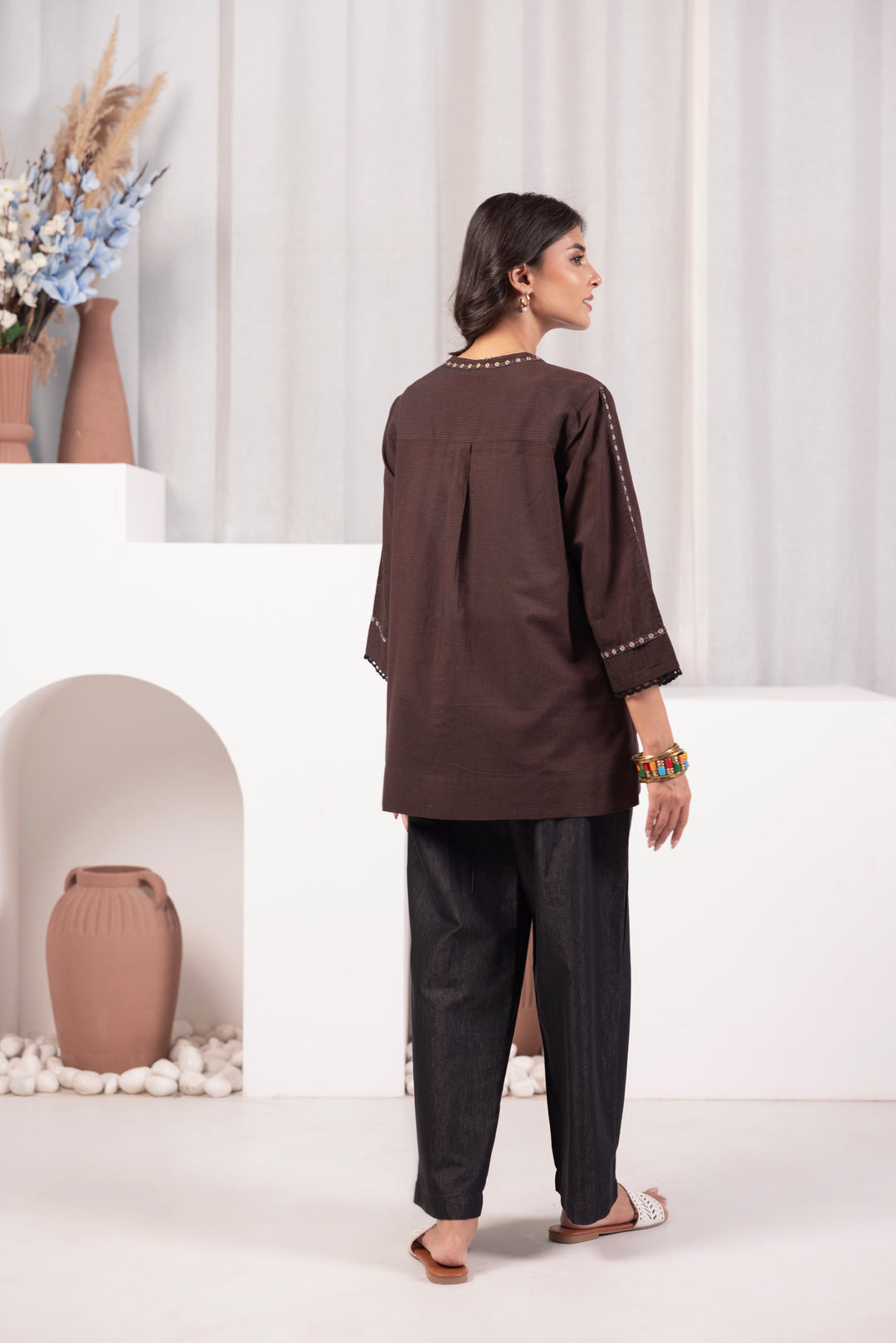 Brown Cotton Embroidered Top
