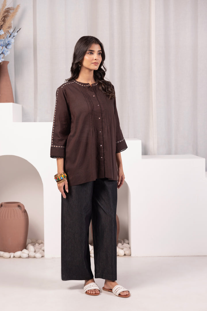 Brown Cotton Embroidered Top