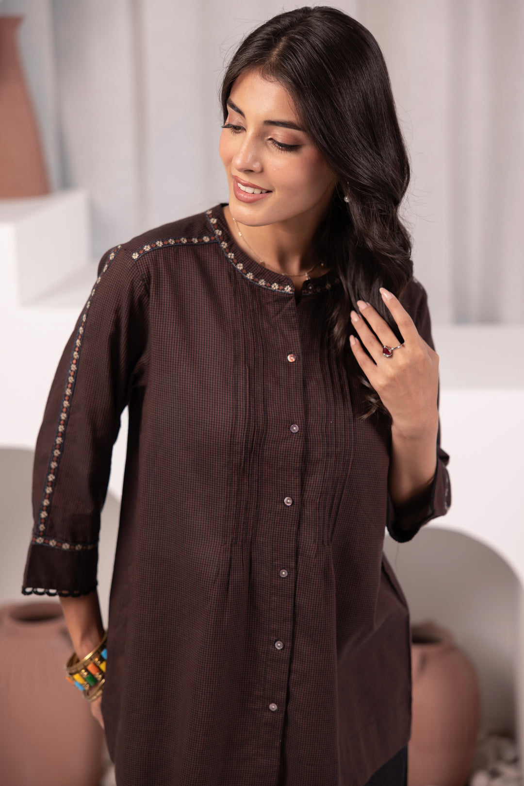 Brown Cotton Embroidered Top