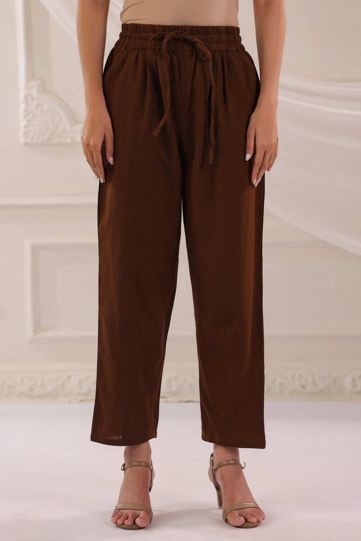 Brown Cotton Solid Pant