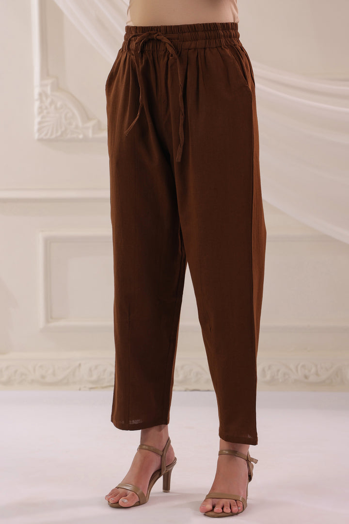 Brown Cotton Solid Pant