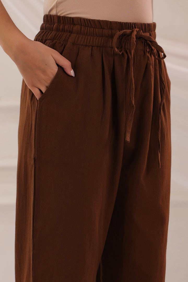 Brown Cotton Solid Pant