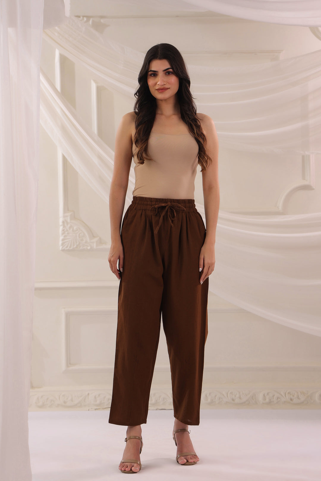 Brown Cotton Solid Pant