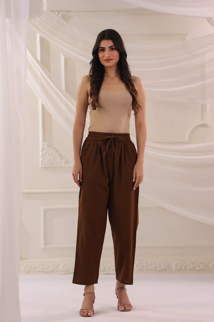 Brown Cotton Solid Pant