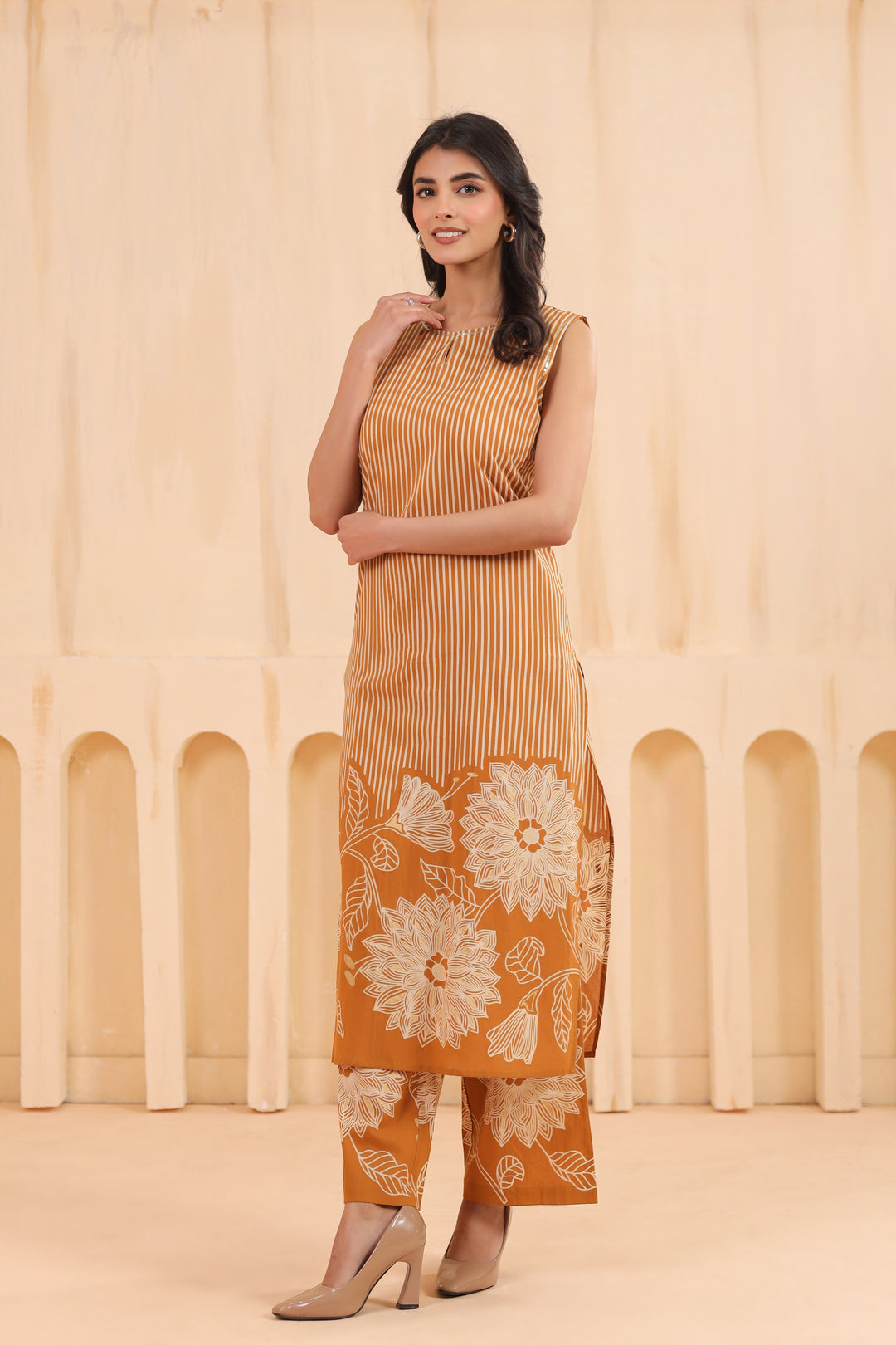 Orange Cotton Printed Designer Kurta Pant Set