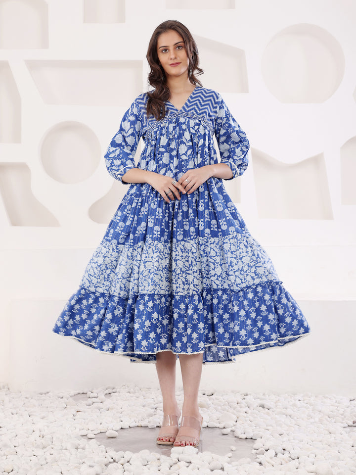 Blue Cotton Lurex A Line Detailed Dress