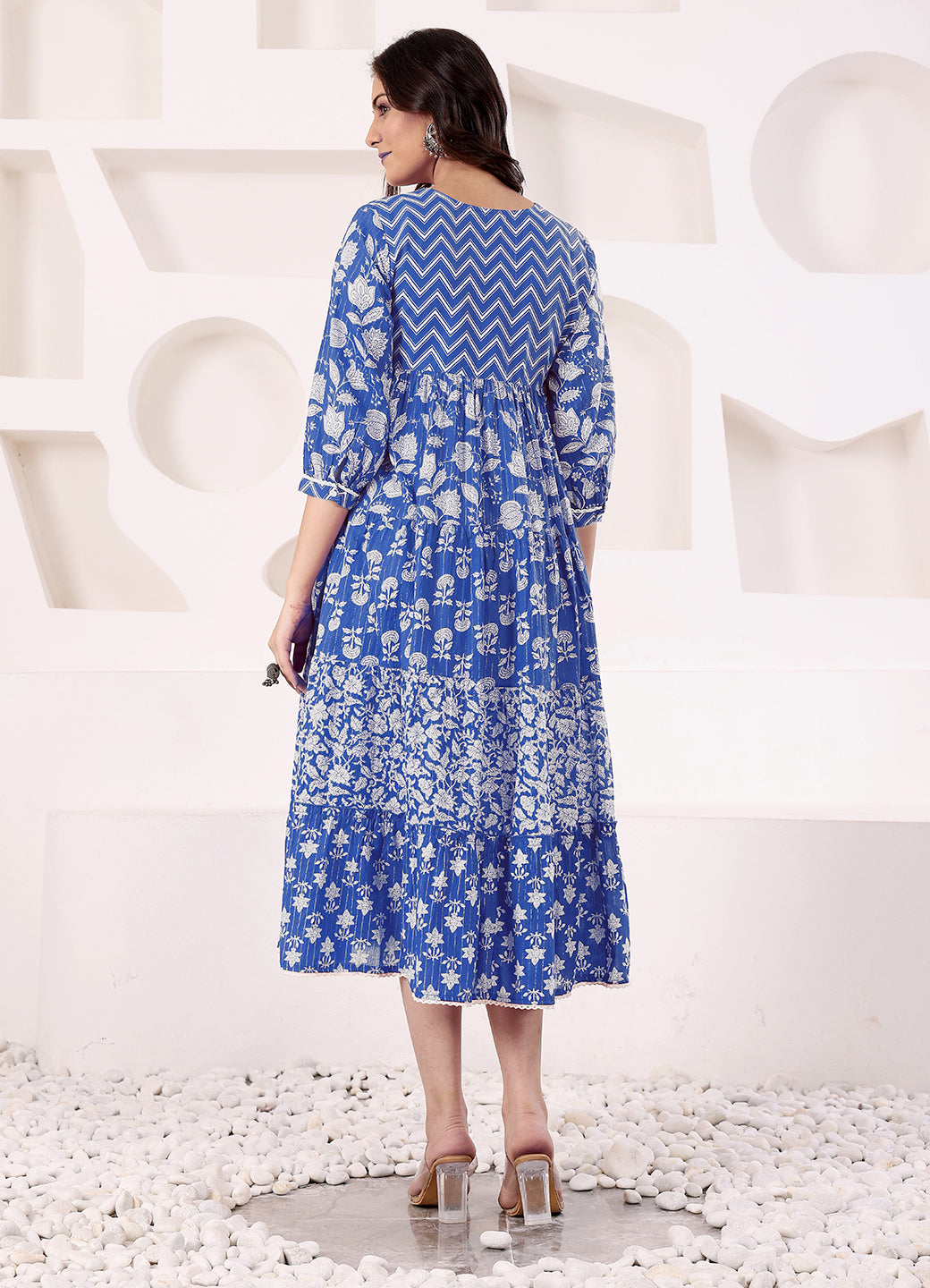 Blue Cotton Lurex A Line Detailed Dress