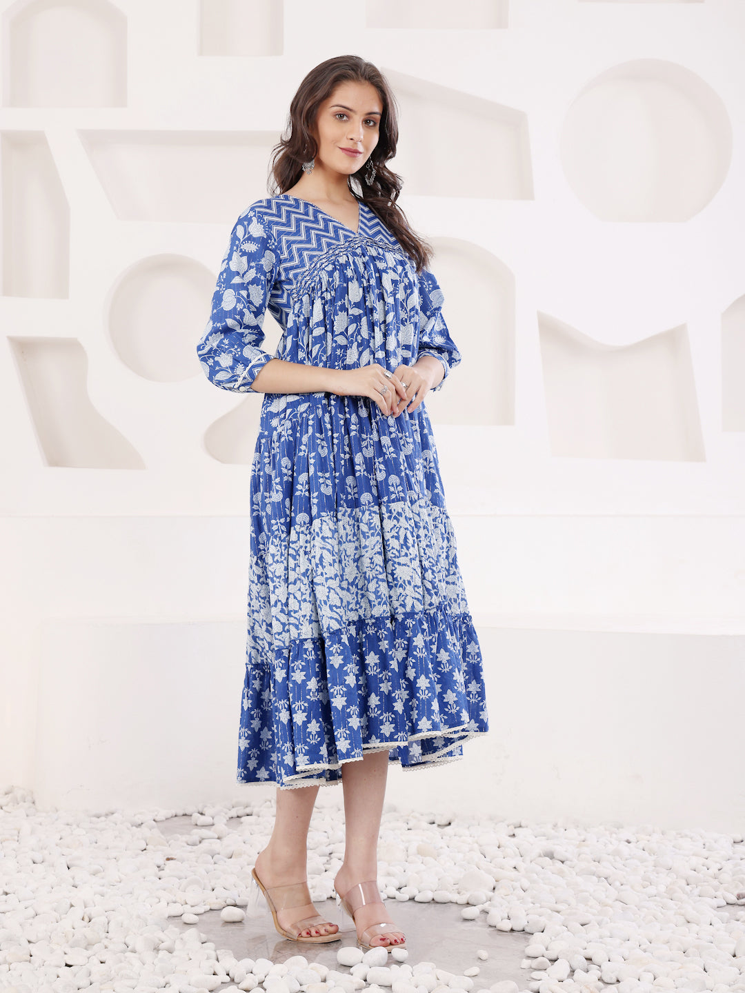 Blue Cotton Lurex A Line Detailed Dress