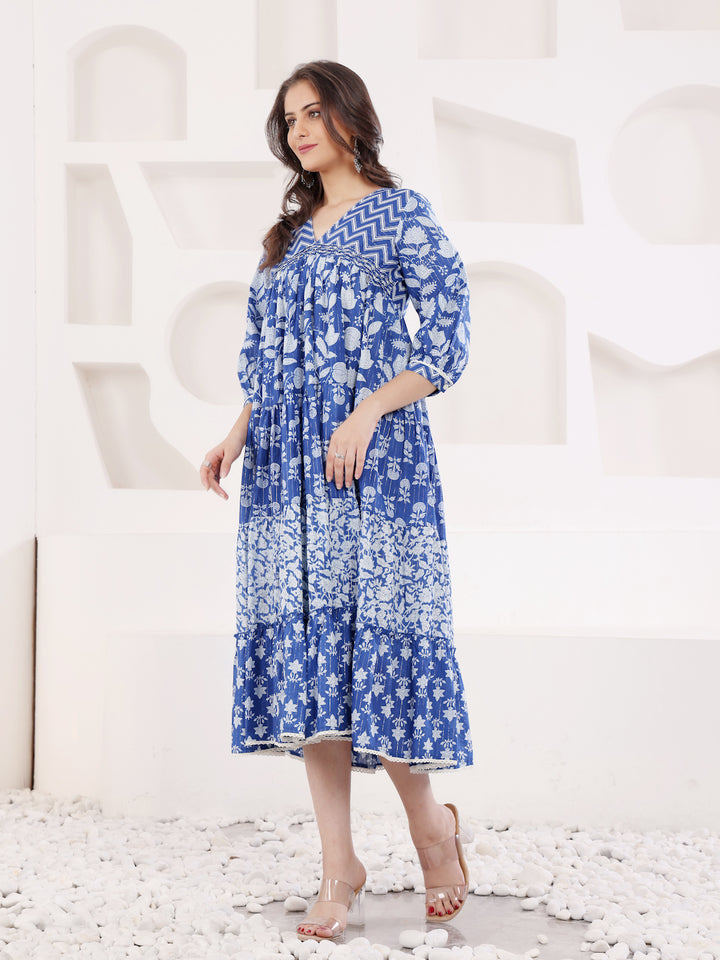 Blue Cotton Lurex A Line Detailed Dress