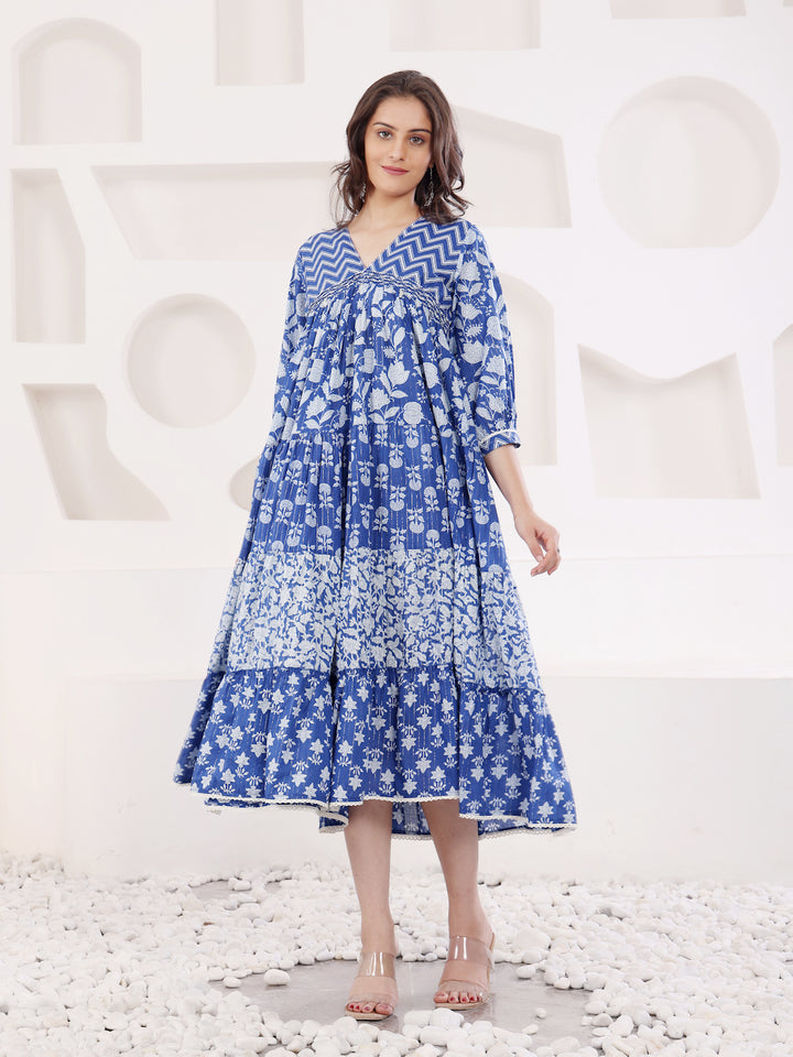 Blue Cotton Lurex A Line Detailed Dress