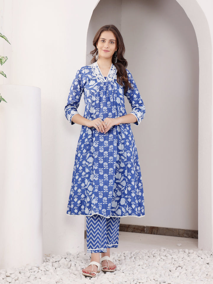 Blue Cotton Lurex Kurta Pant Set