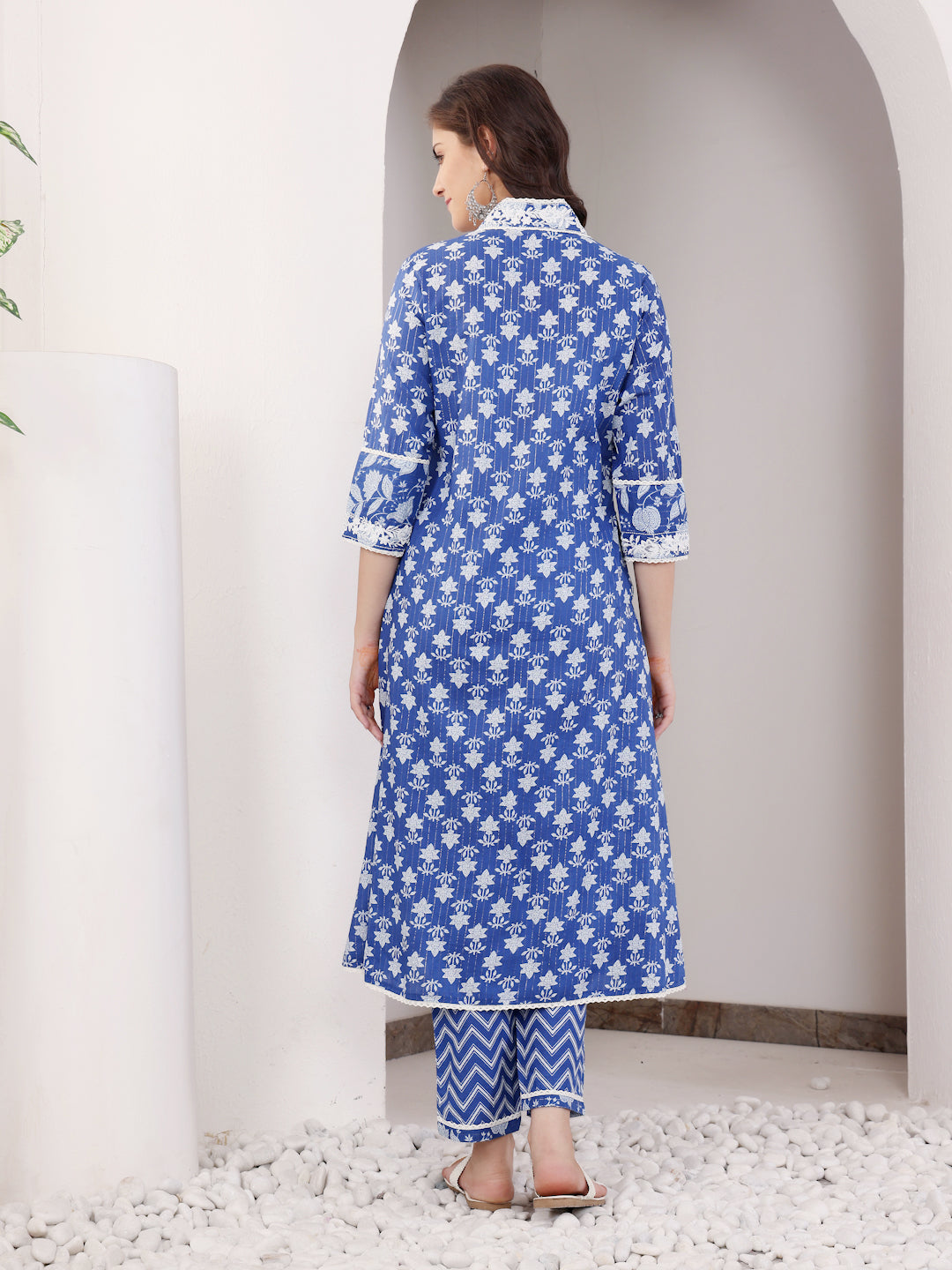 Blue Cotton Lurex Kurta Pant Set