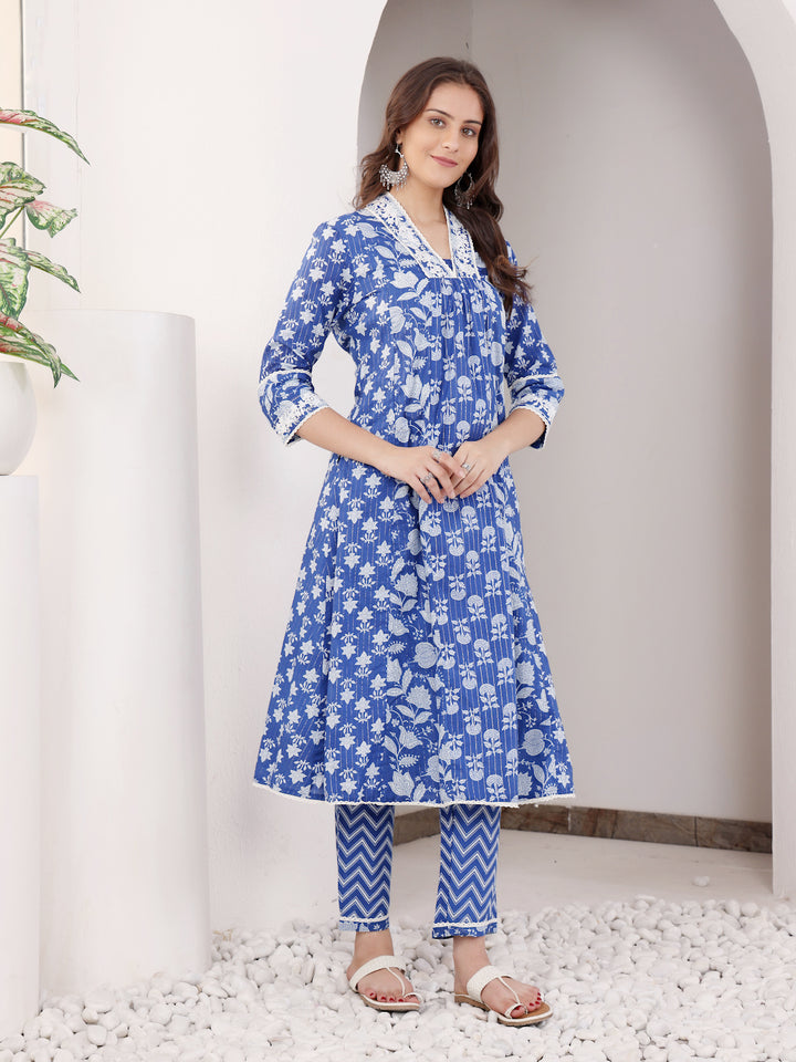 Blue Cotton Lurex Kurta Pant Set