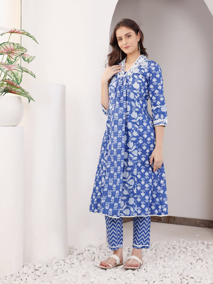 Blue Cotton Lurex Kurta Pant Set