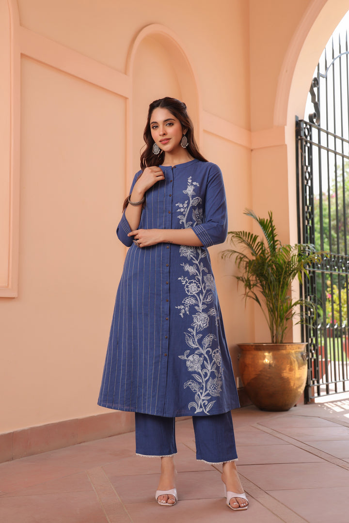 Blue Cotton Printed Detailed A Line Kurta Pant Set