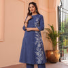 Blue Cotton Printed Detailed A Line Kurta Pant Set
