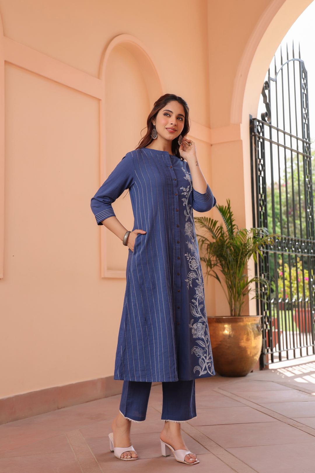 Blue Cotton Printed Detailed A Line Kurta Pant Set