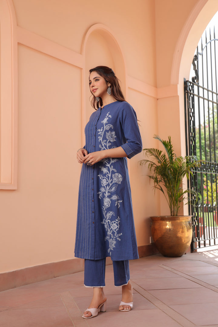 Blue Cotton Printed Detailed A Line Kurta Pant Set