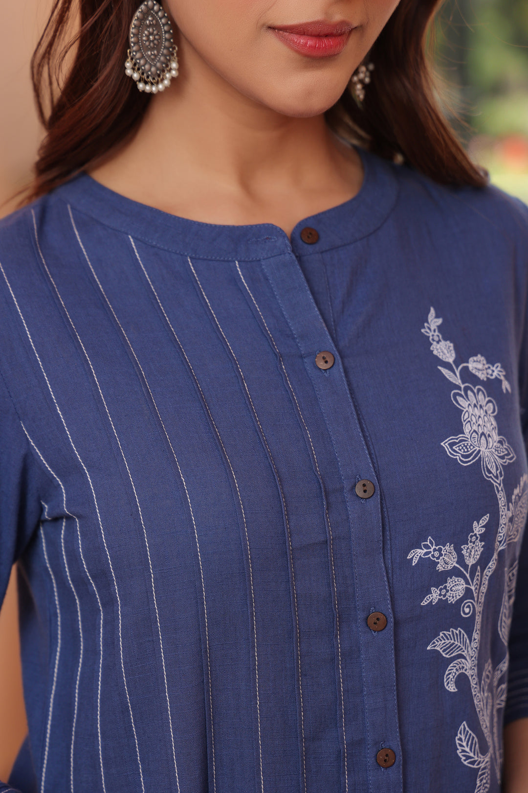 Blue Cotton Printed Detailed A Line Kurta Pant Set