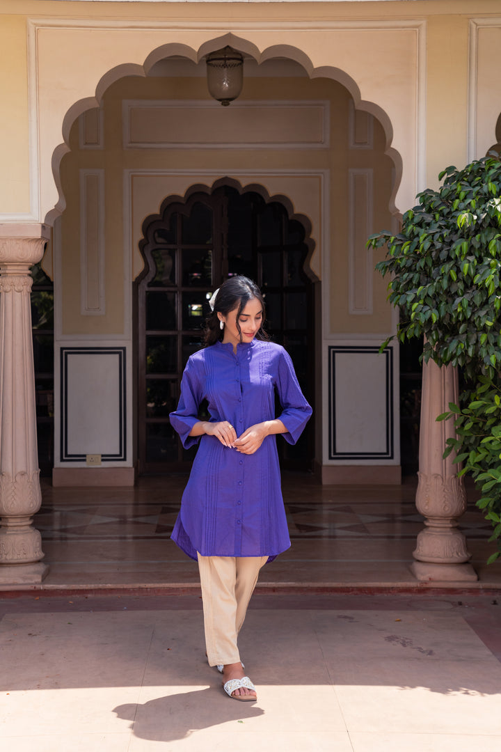 Blue Cotton Detailed High-Low Kurta