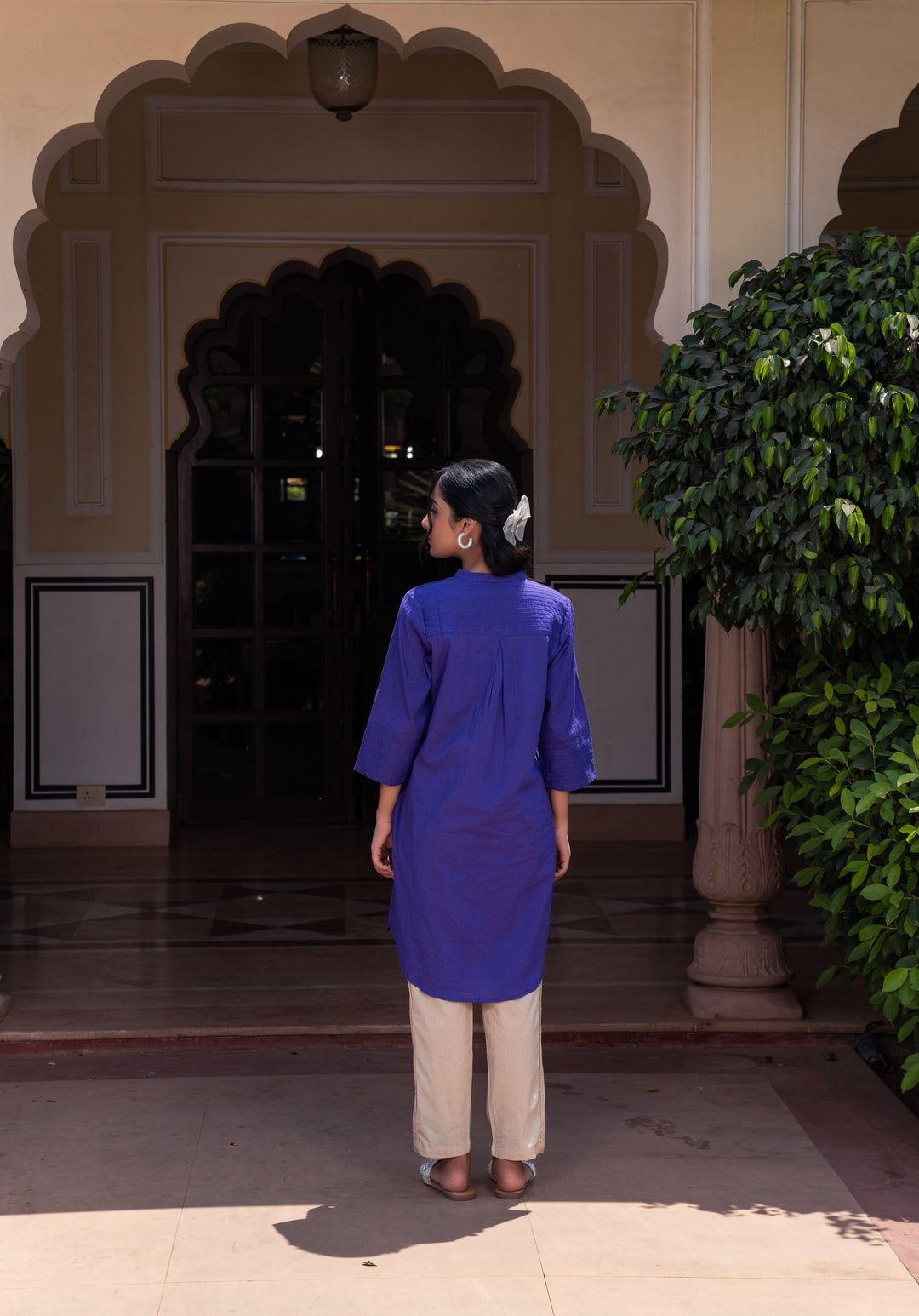 Blue Cotton Detailed High-Low Kurta