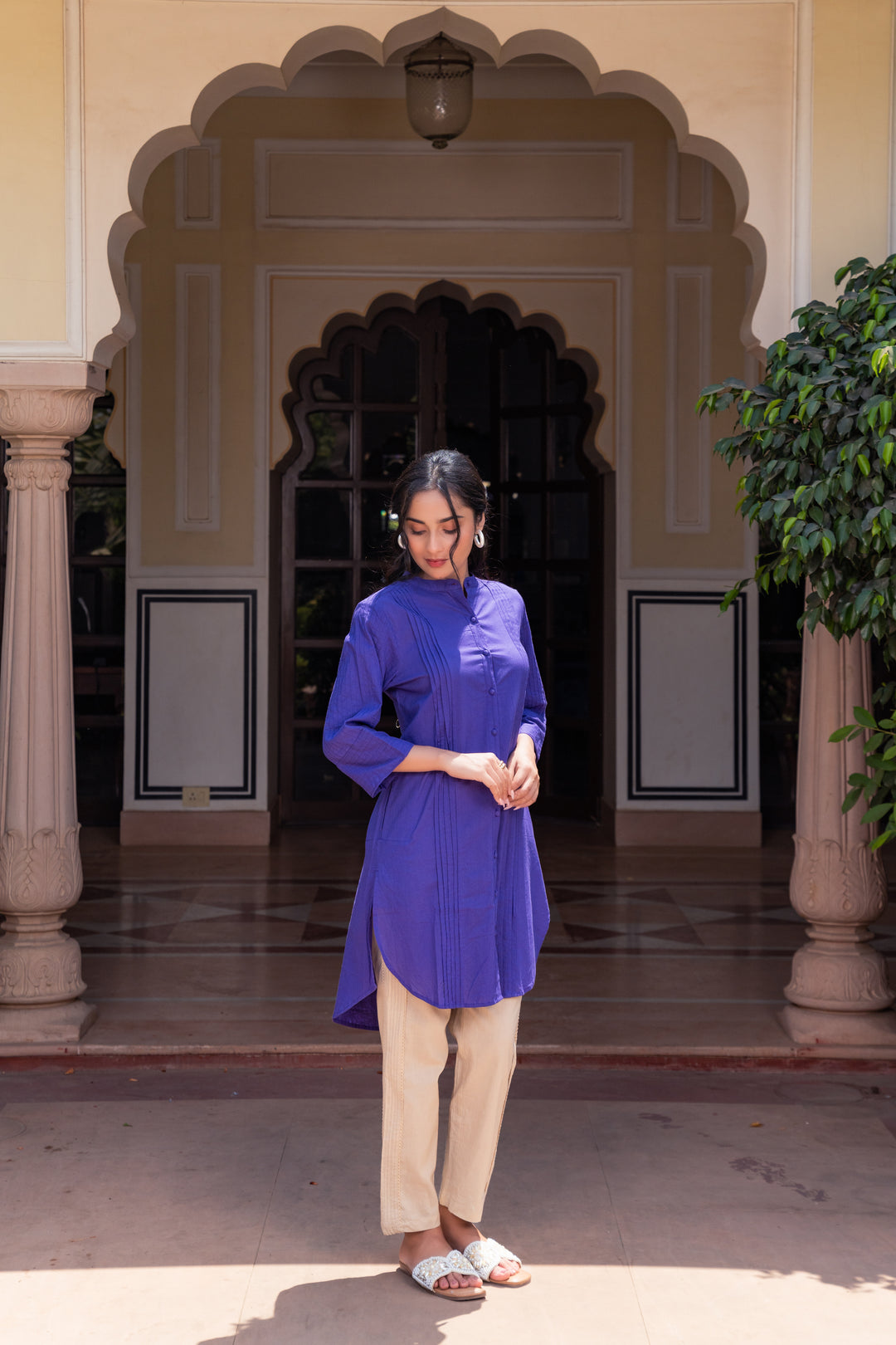 Blue Cotton Detailed High-Low Kurta