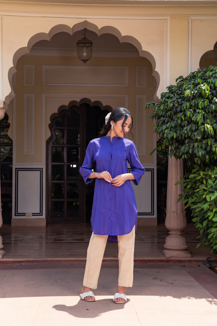 Blue Cotton Detailed High-Low Kurta