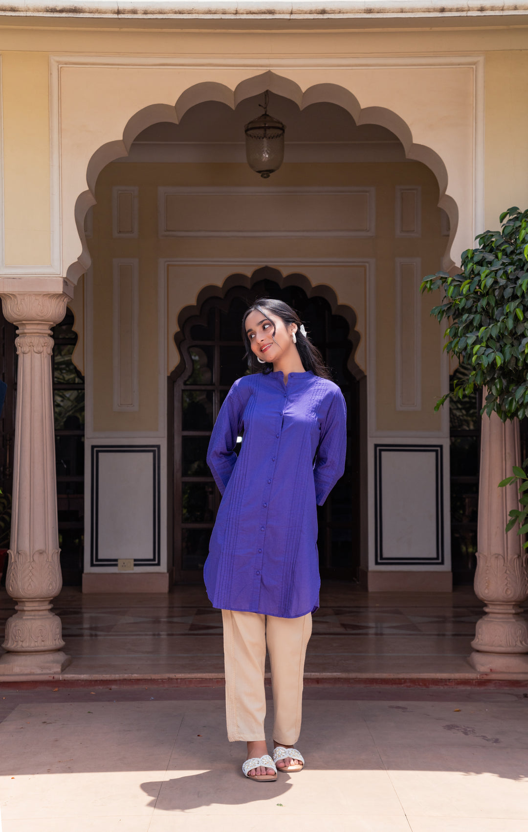 Blue Cotton Detailed High-Low Kurta