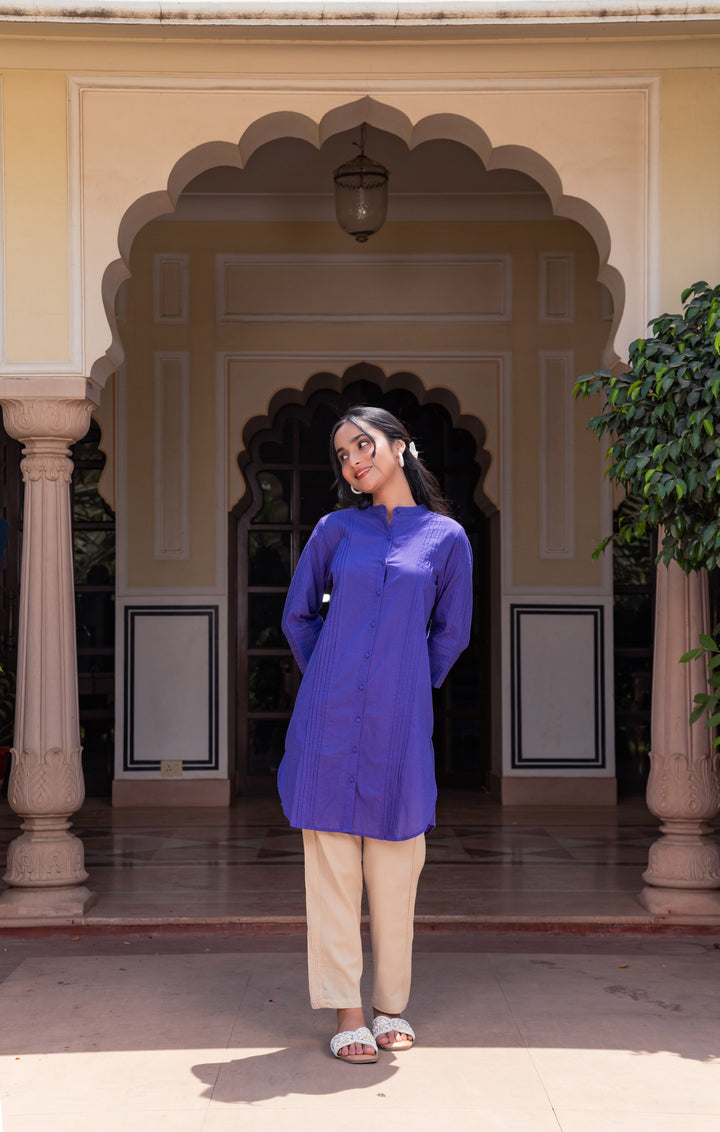Blue Cotton Detailed High-Low Kurta