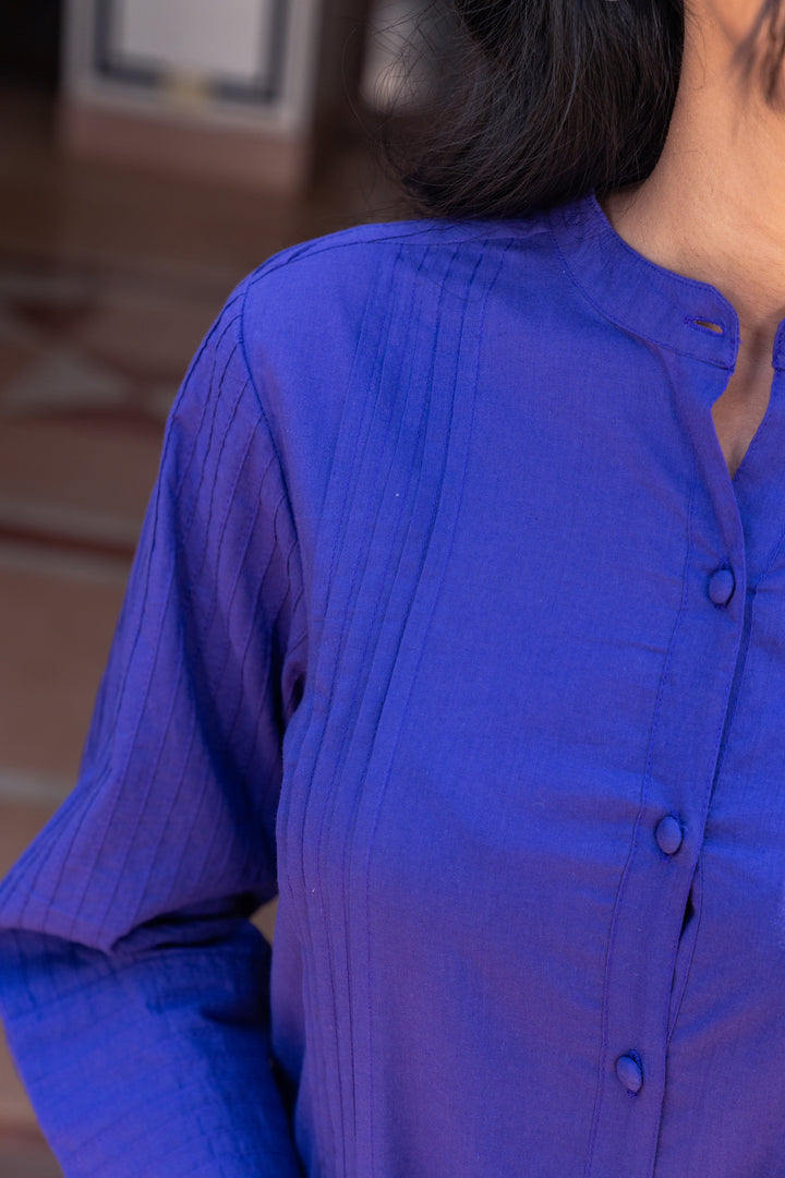 Blue Cotton Detailed High-Low Kurta