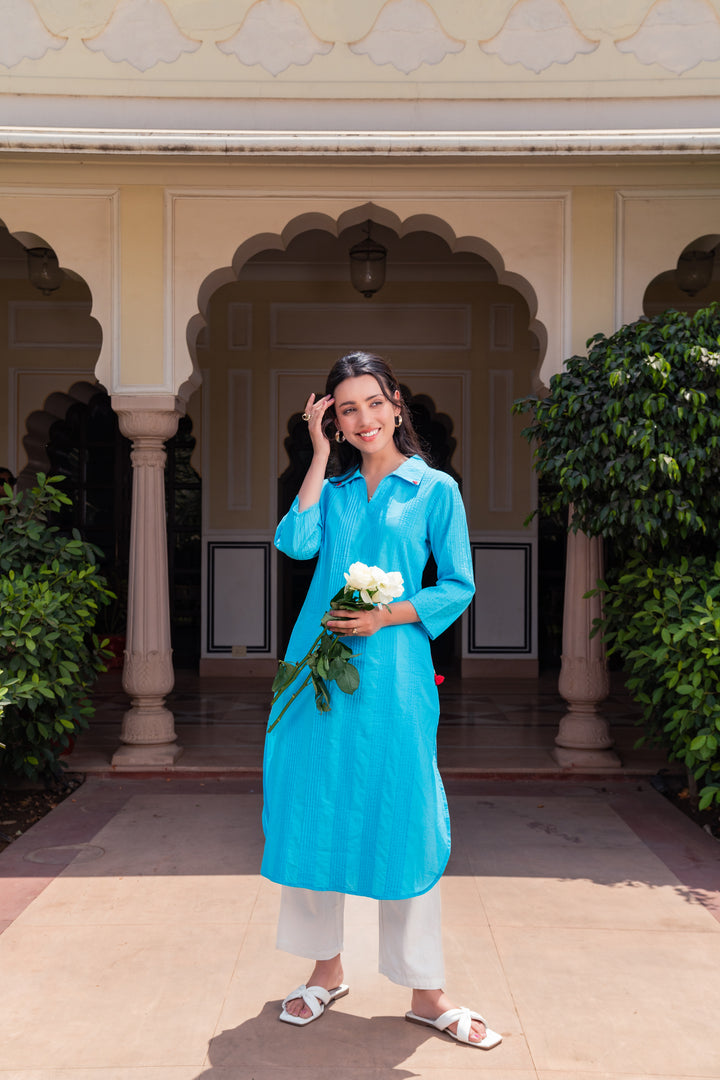 Blue Cotton Detailed Straight Kurta
