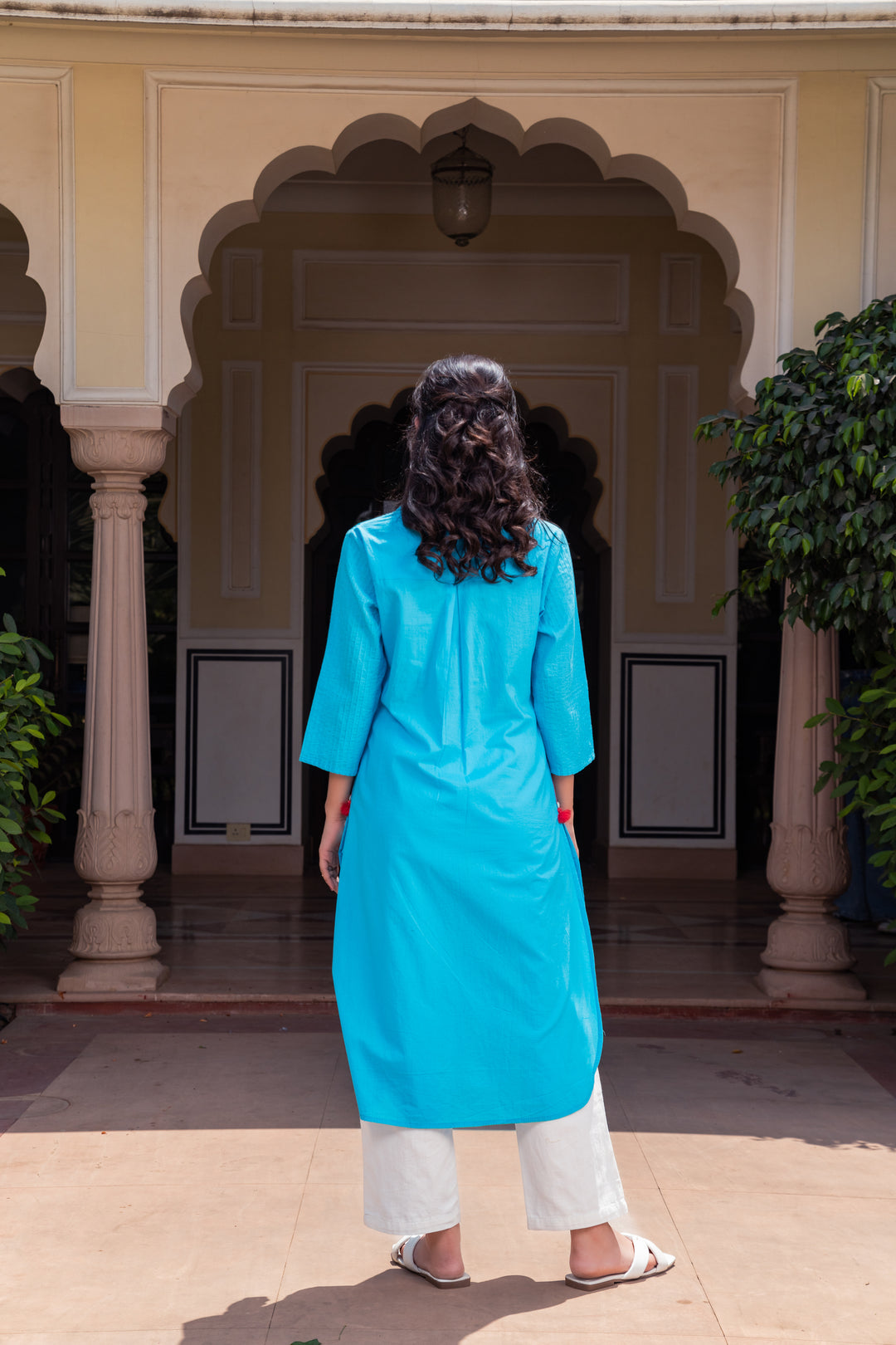 Blue Cotton Detailed Straight Kurta