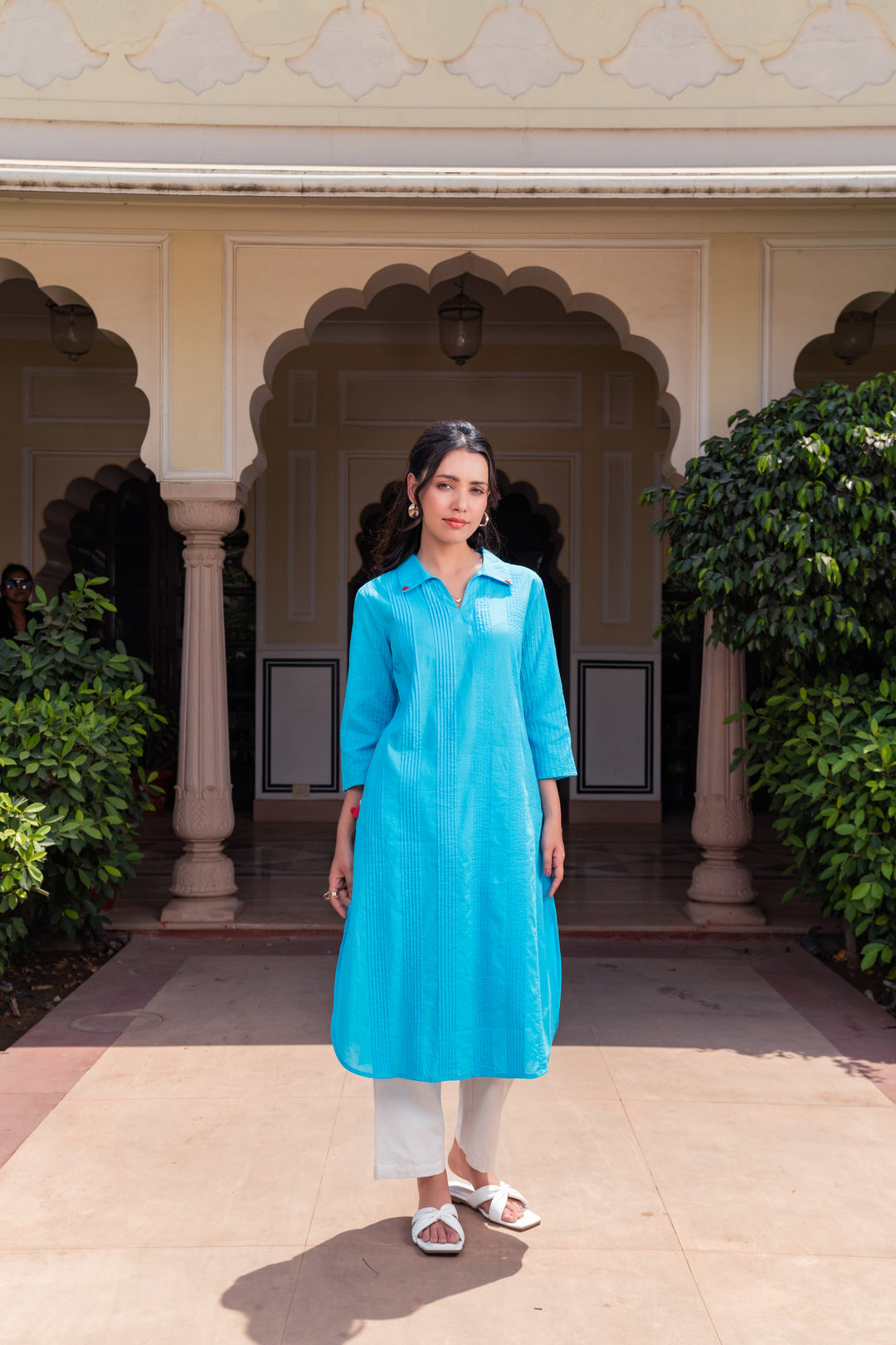 Blue Cotton Detailed Straight Kurta