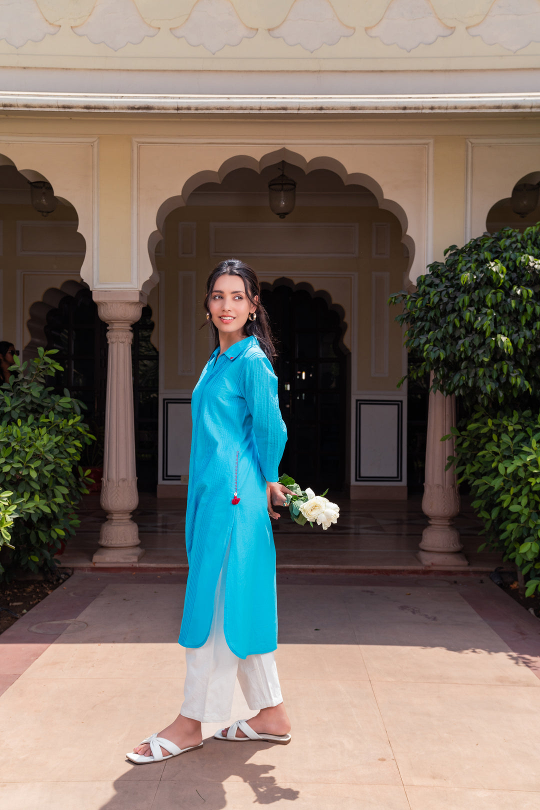 Blue Cotton Detailed Straight Kurta