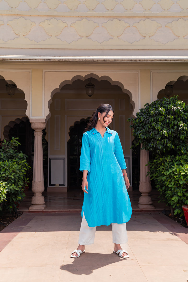 Blue Cotton Detailed Straight Kurta