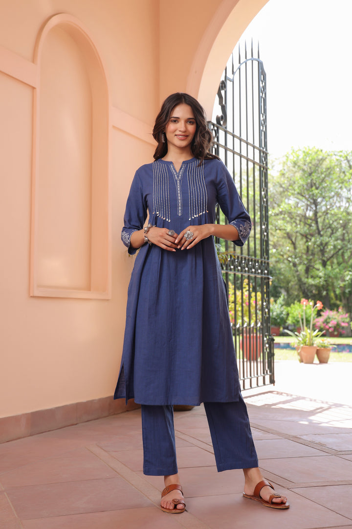 Blue Cotton Printed Detailed Kurta Pant Set