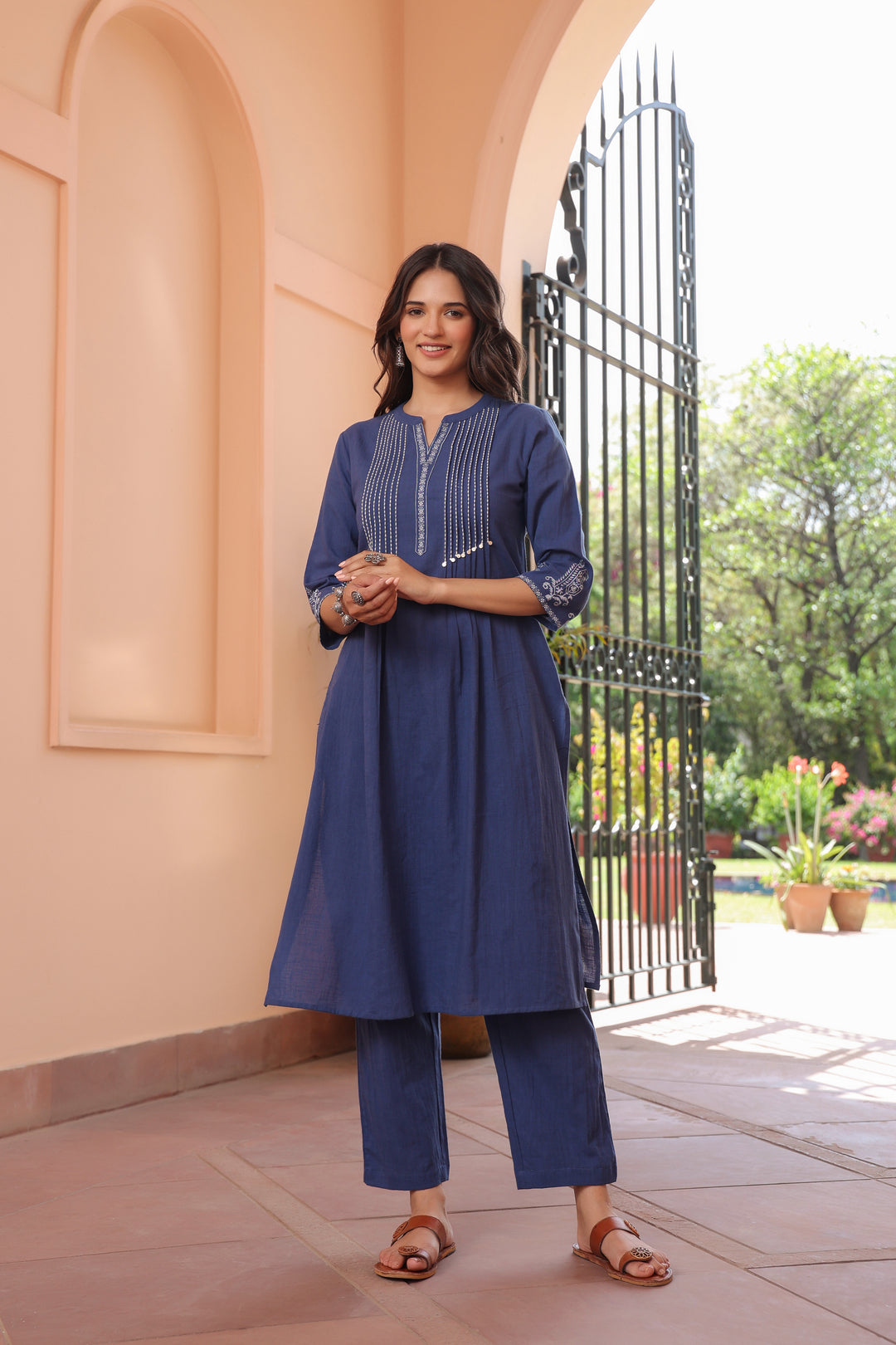 Blue Cotton Printed Detailed Kurta Pant Set