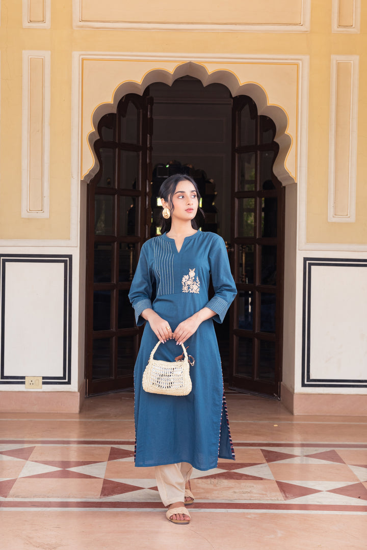 Blue Cotton Embroidered Kurta