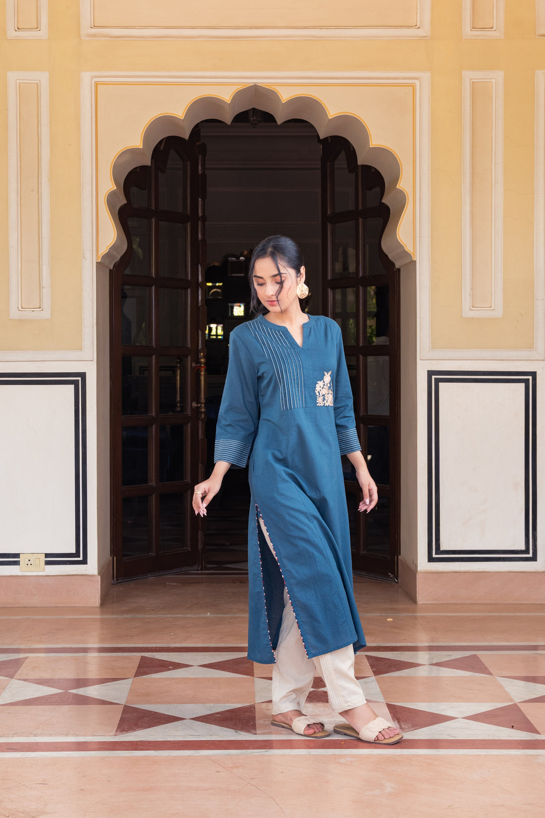 Blue Cotton Embroidered Kurta