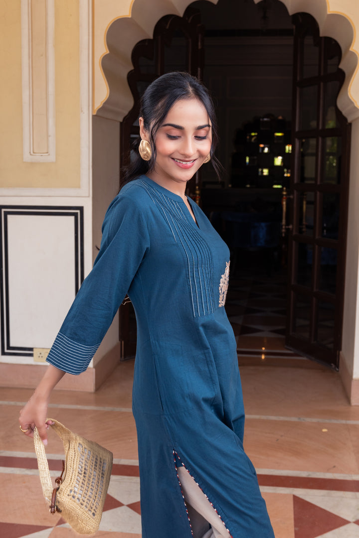 Blue Cotton Embroidered Kurta