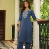 Blue Cotton Embroidered Straight Kurta Pant Set