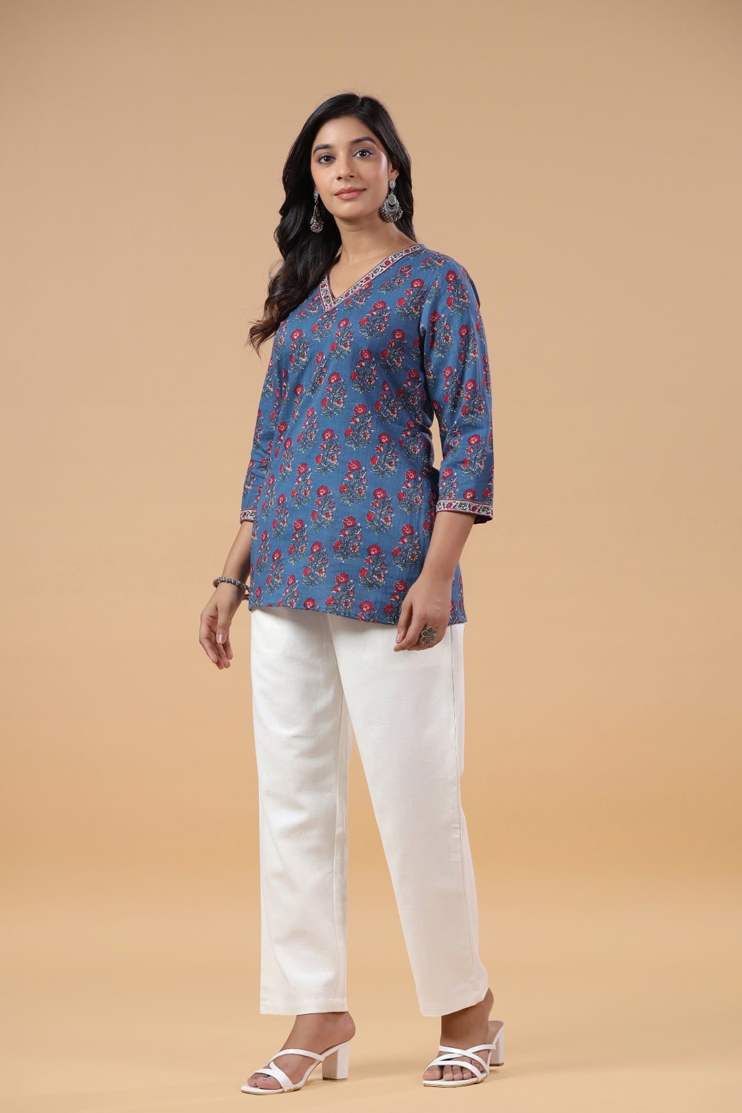 Blue Cotton Floral Printed Top