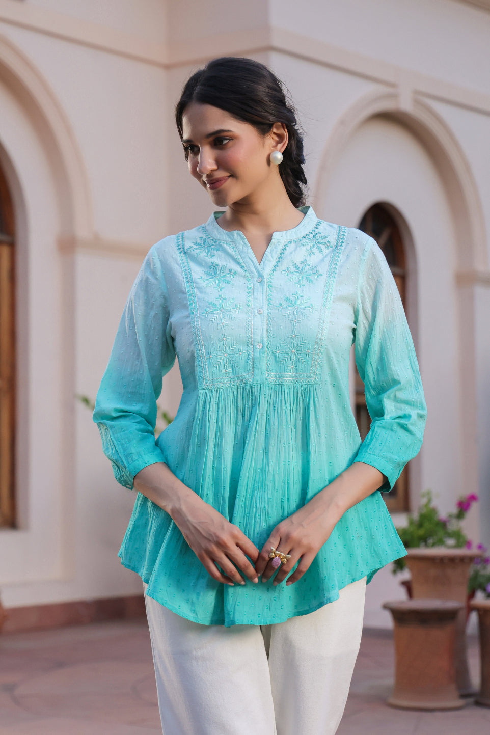 Ombre Cotton Dobby Embroidered Top