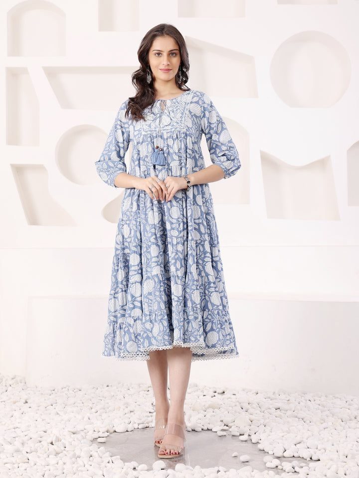 Blue Cotton Printed Tiered Dress