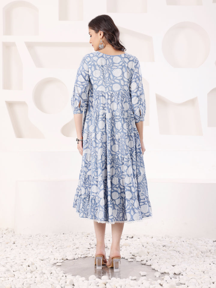 Blue Cotton Printed Tiered Dress