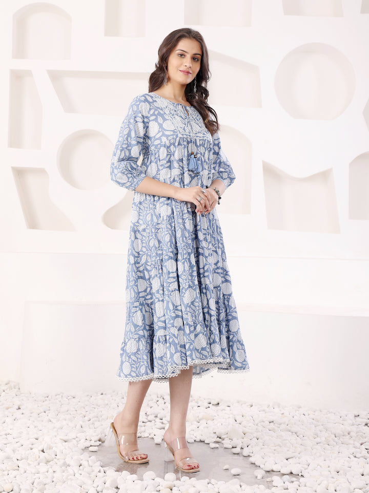 Blue Cotton Printed Tiered Dress