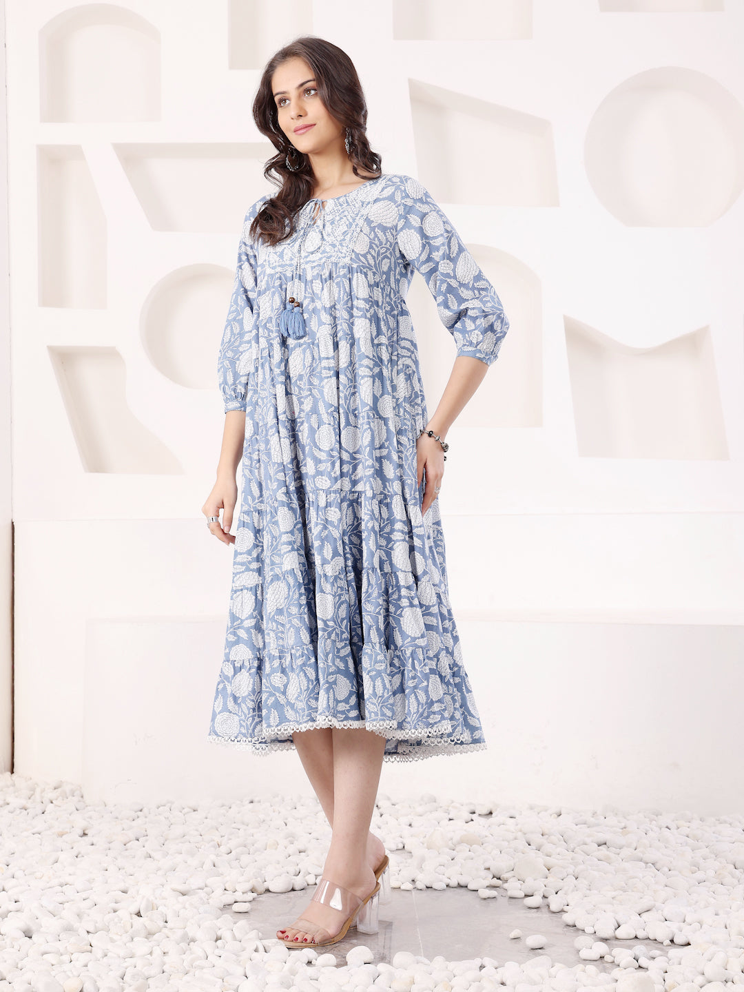 Blue Cotton Printed Tiered Dress