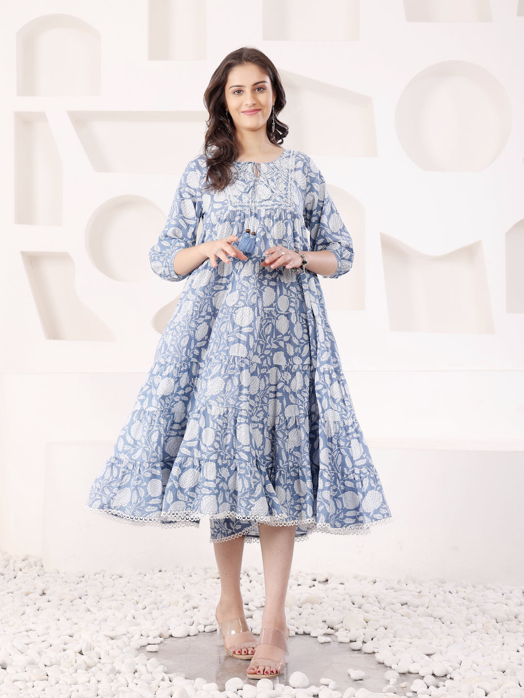 Blue Cotton Printed Tiered Dress