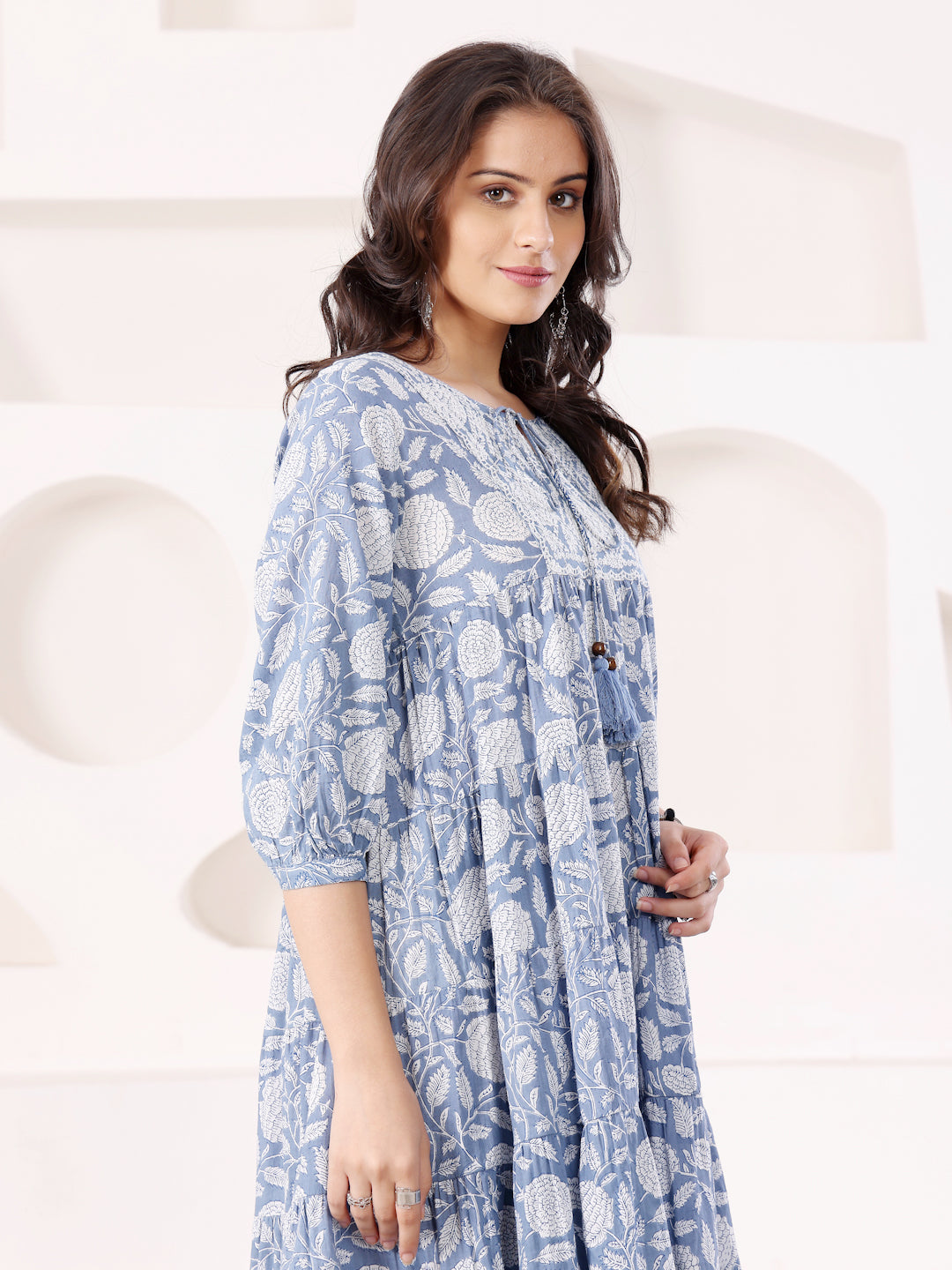 Blue Cotton Printed Tiered Dress